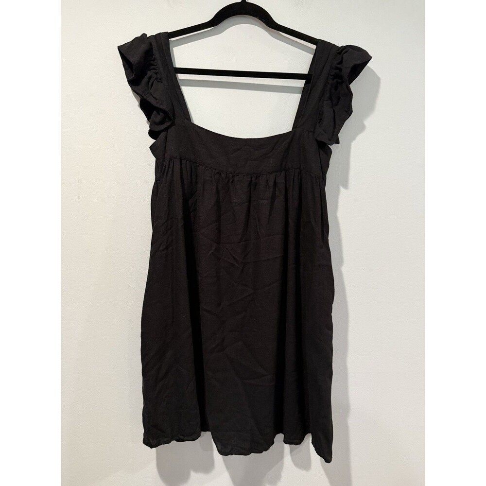 OPT Ruffle Shoulder Mini Dress Small Black Linen/Cotton Pockets Minimal Travel